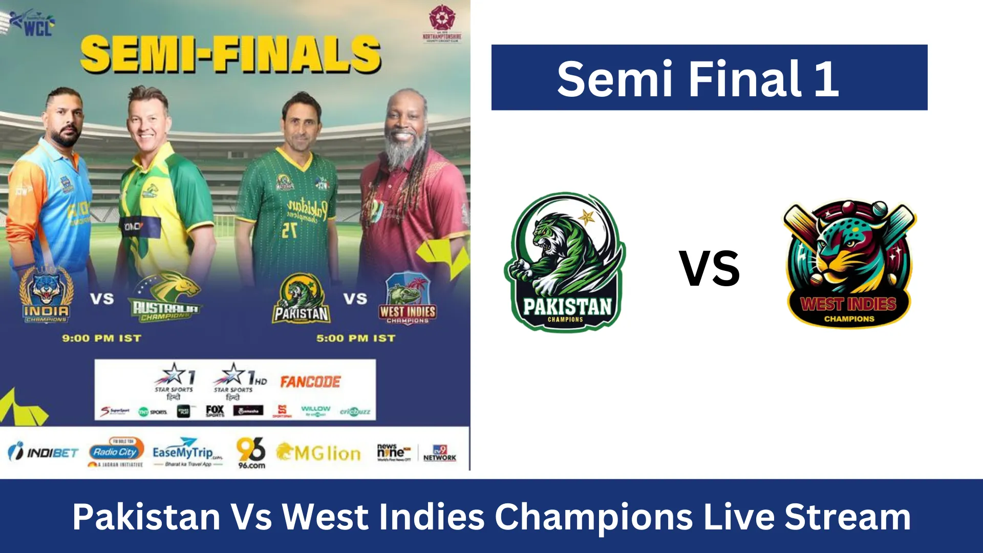 Pakistan Vs West Indies Champions Live Stream